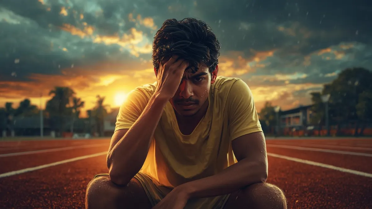 Tired student sitting on school field after running practice at sunset